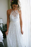 White Lace A-line Halter Wedding Dresses With Sweep Train, Bridal Gowns, SW521