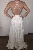 White Lace A-line Halter Wedding Dresses With Sweep Train, Bridal Gowns, SW521 | backless wedding dresses | wedding dresses near me | bohemian wedding dresses | www.simidress.com