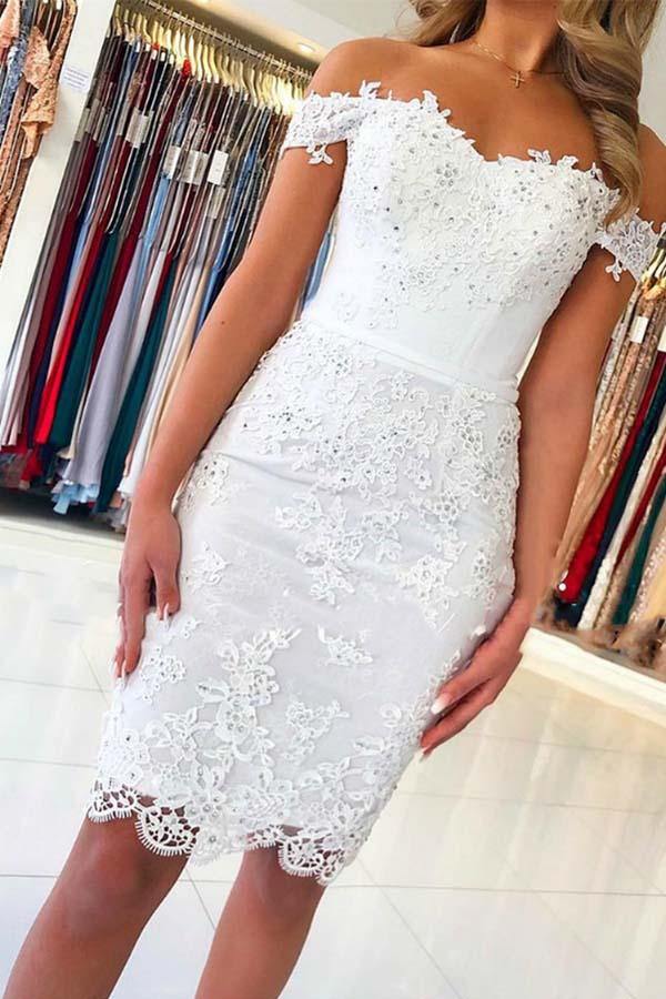 White Lace Off-the-Shoulder Mermaid Appliqued Homecoming Dresses, SH561 | white homecoming dresses | lace homecoming dresses | short homecoming dresses | www.simidress.com