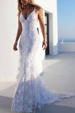 White Mermaid Spaghetti Straps V-neck Prom Dress, Lace Wedding Dresses, SP899