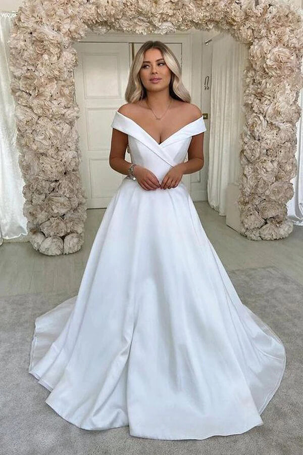 White Satin A-line Off Shoulder Wedding Dresses SW511