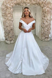 White Satin A-line Off Shoulder Wedding Dresses, Simple Wedding Gown, SW511