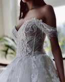 White Tulle A-line Off-the-Shoulder Beaded Lace Appliques Wedding Dresses, SW532 | bohemian wedding dresses | a line wedding dresses | plus size wedding dress | www.simidress.com