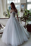 White Tulle A-line Off-the-Shoulder Beaded Lace Appliques Wedding Dresses, SW532