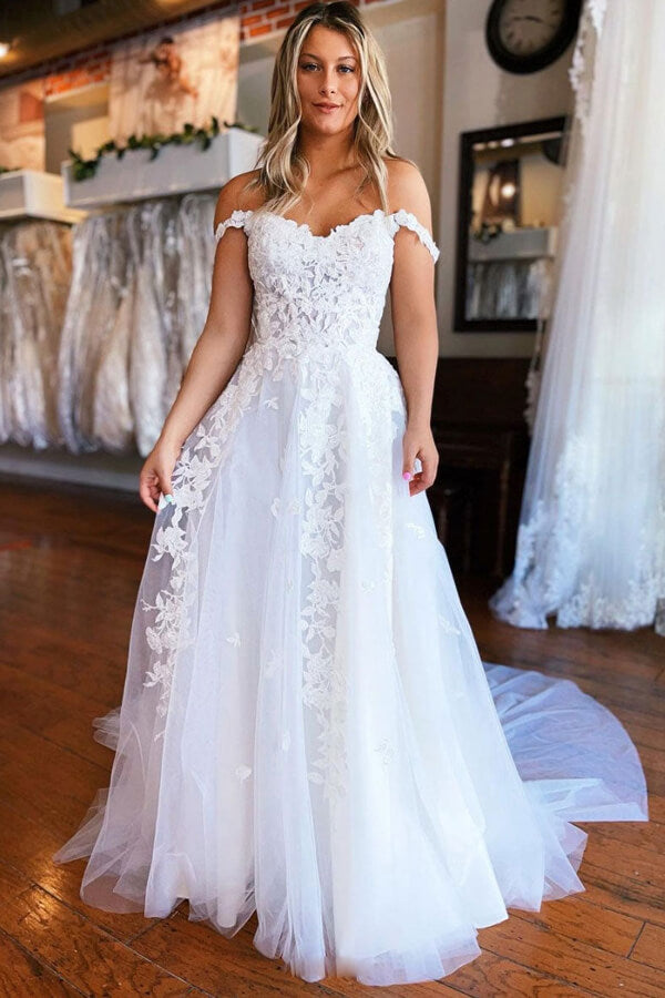 White Tulle A line Off the Shoulder Lace Appliques Wedding Dresses