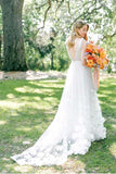 White Tulle A-line V-neck Beach Wedding Dresses With Flowers, Bridal Gown, SW543 | vintage wedding dresses | bohemian wedding dresses | outdoor wedding dresses | simidress.com