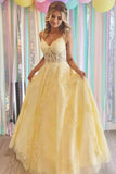 Yellow A-line Lace Appliques Spaghetti Straps Prom Dresses, Evening Gown, SP831 | cheap long prom dresses | long formal dresses | v neck prom dresses | simidress.com