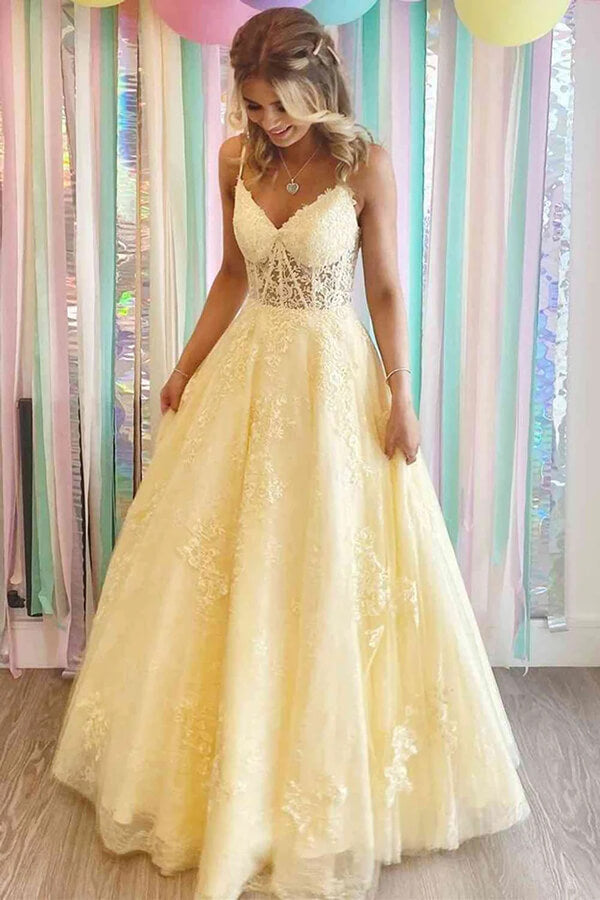 Yellow Lace Appliques Spaghetti Straps Prom Dresses SP831 | Simidress Yellow Lace Appliques Spaghetti Straps Prom Dresses SP831 | Simidress