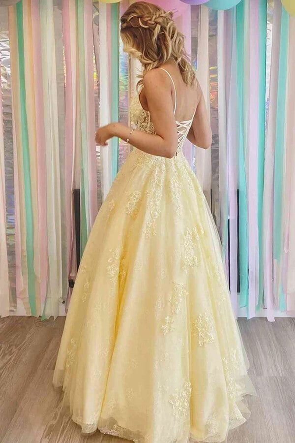 A Line V Neck Backless Yellow Lace Prom Dress with Leg Slit, Yellow La –  abcprom