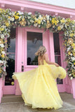 Yellow Ball Gown Spaghetti Straps Satin Tulle 3D Flowers With Lace Up Back, SP742 | a line prom dresses | tulle prom dresses | long formal dress | www.simidress.com