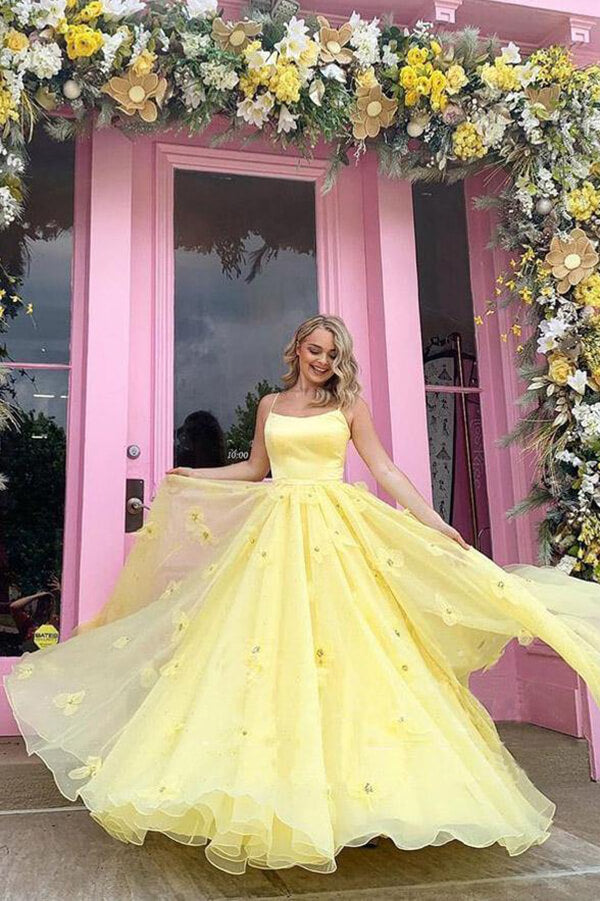 Yellow Ball Gown Spaghetti Straps Satin Tulle 3D Flowers With Lace Up Back, SP742 | yellow prom dresses | satin prom dress | cheap prom dresses online | www.simidress.com