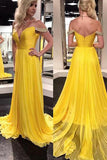 Yellow Off-the-Shoulder A-line V-neck Long Prom Dress with Sweep Train, SP699