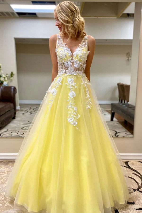 Yellow A-line Sleeveless Lace Appliques Prom Dress SP843 | Simidress Yellow A-line Sleeveless Lace Appliques Prom Dress SP843 | Simidress