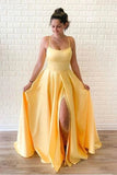 Yellow Sleeveless Split Long Prom Dresses, Sweep Train Evening Dress, SP698