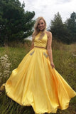 Yellow Two Pieces Halter Prom Dresses With Pocket, Beaded Prom Dress, SP943