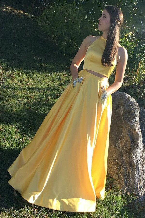Yellow Two Pieces Halter Prom Dresses With Pocket, Beaded Prom Dress, SP943 | simple prom dress | long formal dresses | party dress | simidress.com