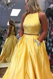 Yellow Two Pieces Halter Prom Dresses With Pocket, Beaded Prom Dress, SP943 | prom dresses for teens | evening dresses | evening gown | simidress.com