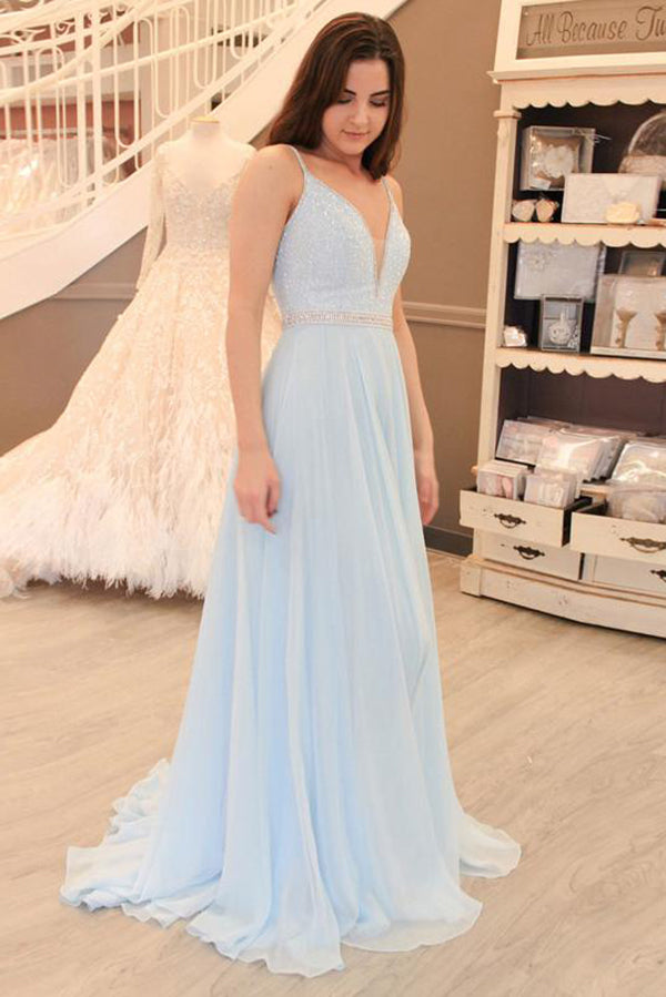 Light Blue A-line V-neck Chiffon Sweep Train Open Back Beading Prom Dress M220
