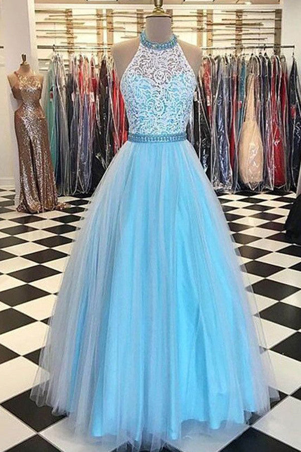Sleeveless A Line Prom Dresses,Halter Lace Bodice Prom Gown,Tulle Evening Dresses, M37
