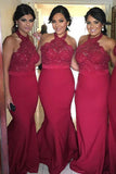 Red Lace Popular Halter Sexy Long Mermaid Wedding Guest Bridesmaid Dresses,SVD484