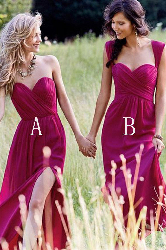 Red Cheap Chiffon Floor Length Side Split Long Bridesmaid Dresses,SVD487