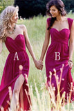 Red Cheap Chiffon Floor Length Side Split Long Bridesmaid Dresses,SVD487