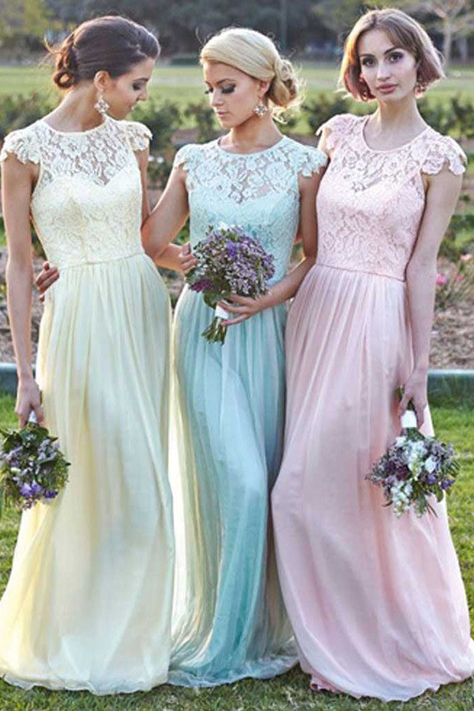 Chiffon Junior Small Round Neck Lace Cap Sleeve Long Bridesmaid Dress   Simidress