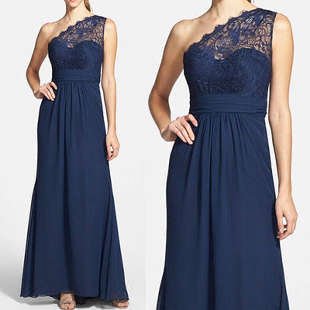 Decent Navy Blue Lace Chiffon One Shoulder A Line Floor-Length Bridesmaid Dresses,SVD491