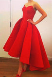 A-Line Sweetheart Strapless Prom Dress with Ruffles,High Low Red Satin Prom Dresses,SD365