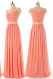 Beading Cap Sleeve Sweet Heart Chiffon Cheap Long Bridesmaid Dresses, Simple Prom Dress