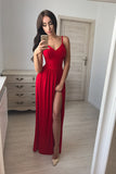 Cheap Red Chiffon A-Line Spaghetti Straps V-Neck Floor-Length Side Slit Prom Dress,M224