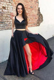 Black and Red Two Piece Satin V-neck A-line Sweetheart Asymmetrical Prom Dresses M223