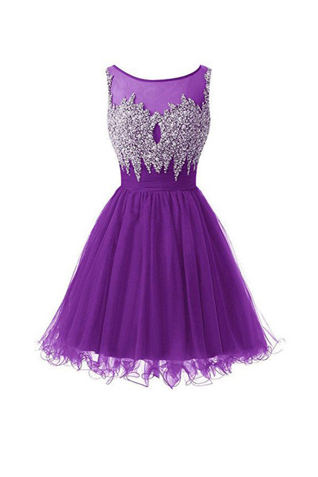 Scoop Tulle Homecoming Dresses,New Arrival Short Prom Dresses With Beading,SVD585