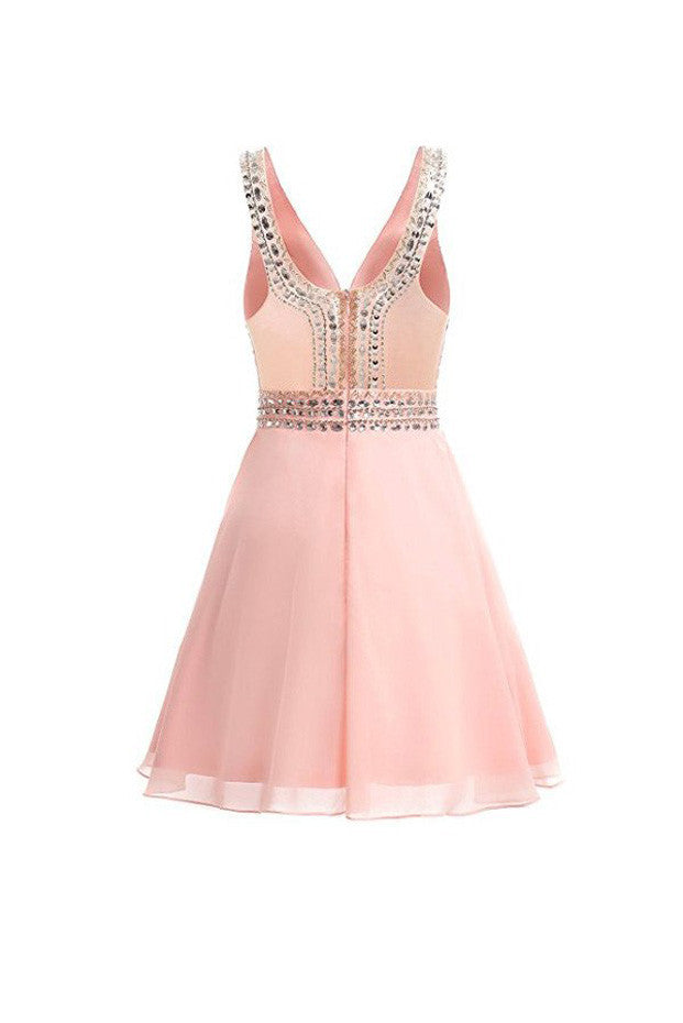 Chiffon Homecoming Dresses,V-neck Short Prom Dresses with Beadings,SVD590