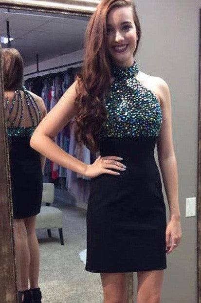 Rhinestone Beaded Bodice Black Homecoming Dresses,Little Black Dresses For Prom,SVD656