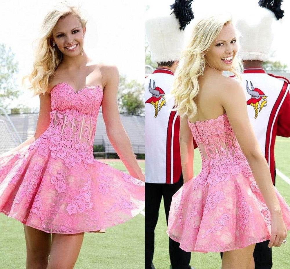 Strapless Pink Lace Short Prom Dresses, Pink Lace Homecoming