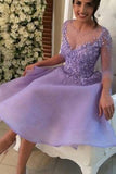 Lavender Homecoming Dress,Short Prom Dresses,Long Sleeves Prom Dresses,SVD593