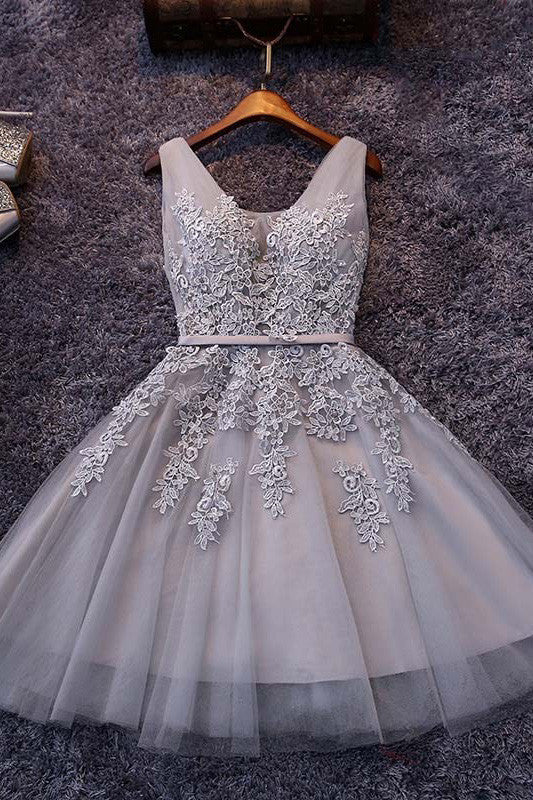 Tulle A-line V-neck Knee-length Lace Short Prom Dresses, Homecoming Dress with Appliques,SH10