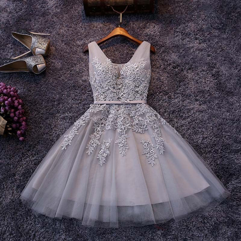 Tulle A-line V-neck Knee-length Lace Short Prom Dresses, Homecoming Dress with Appliques,SH10