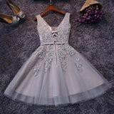 Tulle A-line V-neck Knee-length Lace Short Prom Dresses, Homecoming Dress with Appliques,SH10