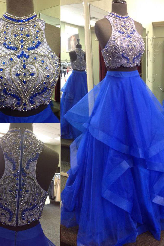 Royal Blue Prom Dresses, Beading prom dress,Two Piece Prom gown
