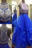 Charming A-line Ball Gown Royal Blue Beading Top Two Piece Prom Dresses M218