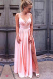 Pink Pleated A-Line Spaghetti Straps Long Prom Dress with High Split, M239