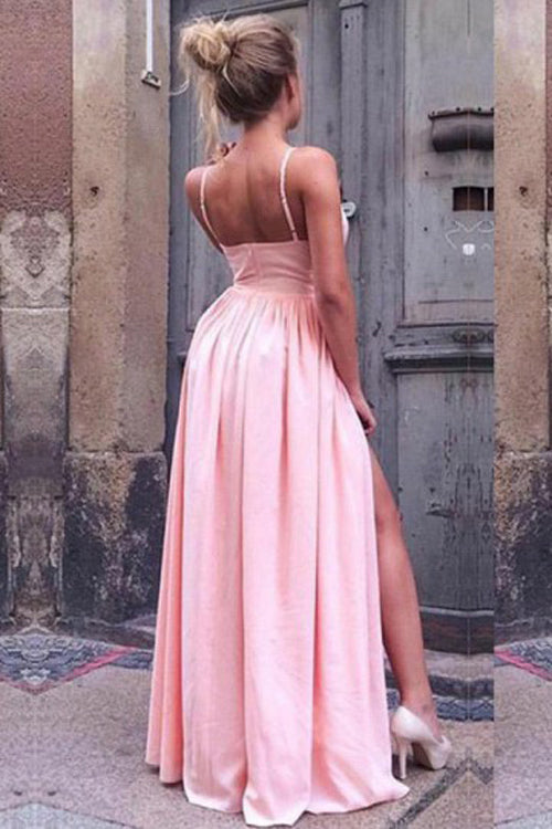 Pink Pleated A-Line Spaghetti Straps Long Prom Dress with High Split at simidress.com