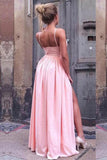 Pink Pleated A-Line Spaghetti Straps Long Prom Dress with High Split at simidress.com