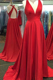 Red A-line Sexy Side Slit V Neckline Long Prom Dress with Sweep Train, M95