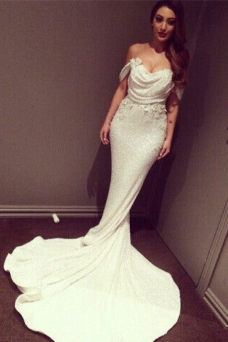White Off Shoulder Glittering Court Train Mermaid Prom Dress with Sequins Applique,SVD345