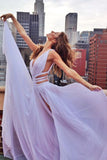 Lavender Chiffon Front Split Long Prom Dresses,V Neck Off Shoulder Evening Dress,A Line Graduation Dress, M35
