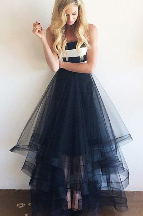 Cheap Tulle Navy Blue White Stripe Simple Long Strapless Prom Dress Simidress Cheap Tulle Navy Blue White Stripe Simple Long Strapless Prom Dress Simidress