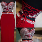Red Two Pieces New Style Beaded V-neck Lace Up Fashion Prom Dresses, M77